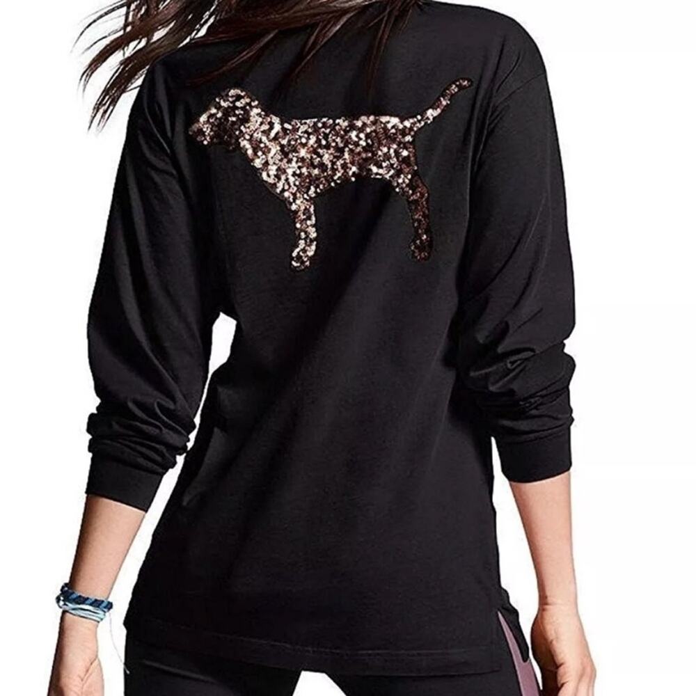 VICTORIA'S SECRET Pink Campus Long Sleeve Shirt Top Logo dog Leopard Cheetah